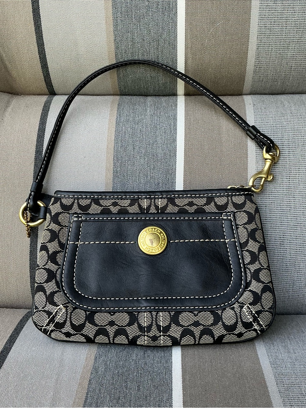 Coach Vintage Black and Gray/Brown Signature Canvas Mini Wristlet